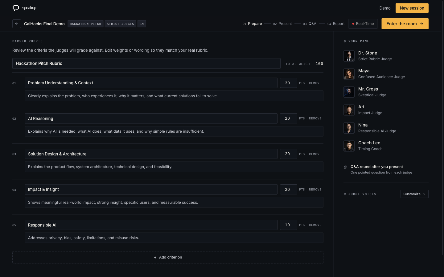 SpeakNow rubric editor: parsed criteria with weights and the judge panel